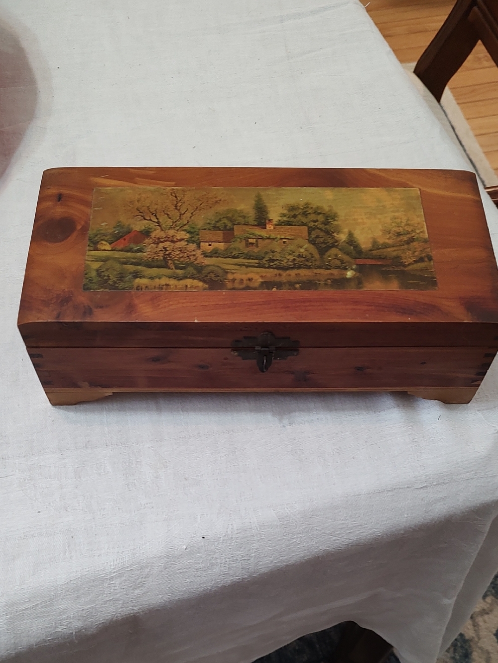 Source Unknown Wooden Keepsake Box with Painted Cottage Scene - Brown